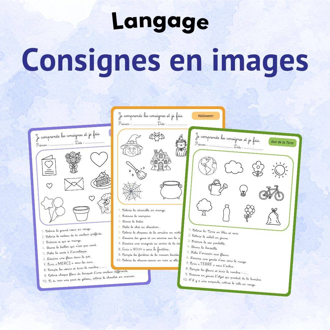 Pack de fiches de compréhension de consignes en maternelle pour les classes de MS et GS.