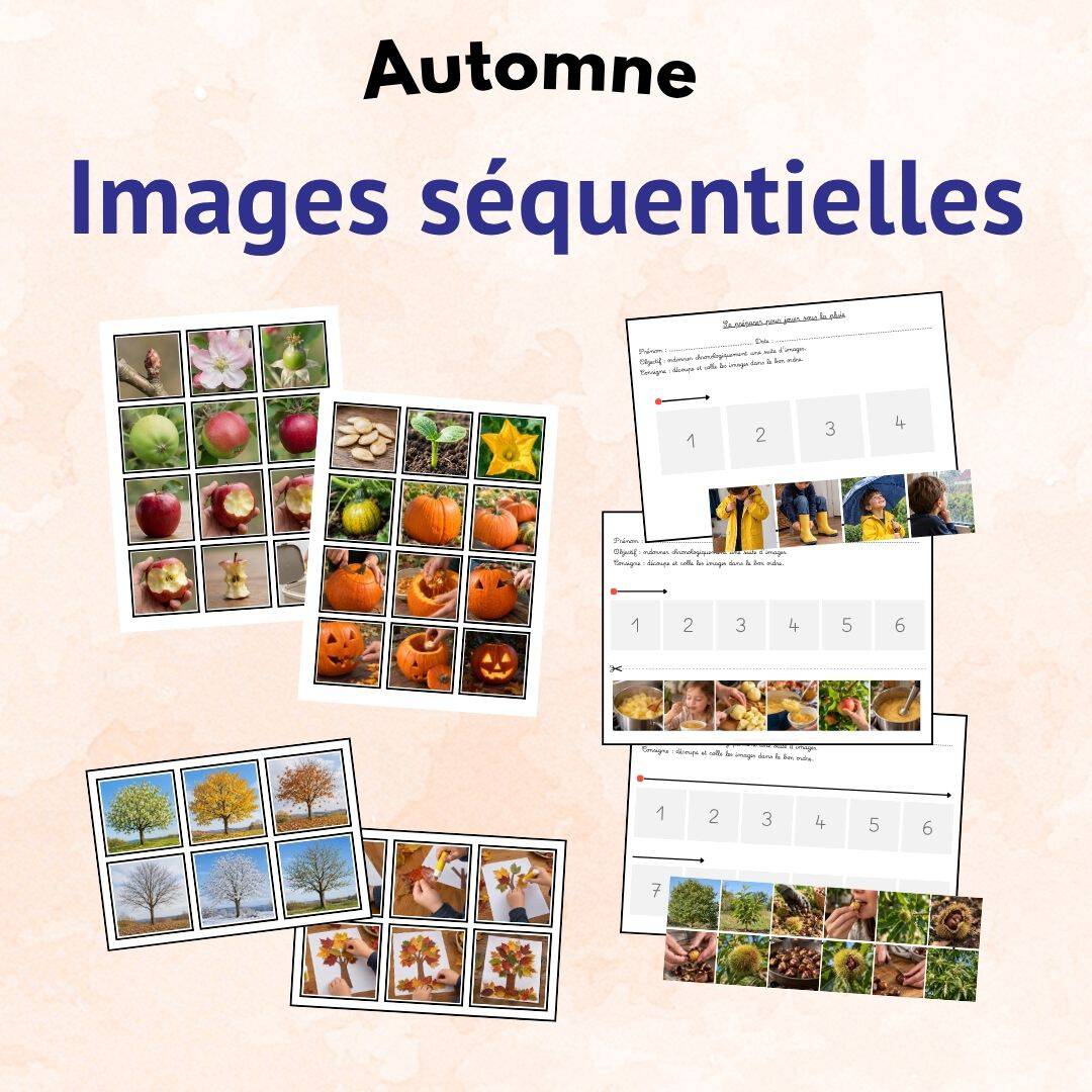 Fiches d'images séquentielles d'automne pour la maternelle, en formats de 4, 6 et 12 images.